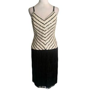 Vintage Lillie Rubin 10 Black & Cream 70s-80s Sequin Fringe Midi Dress Flapper